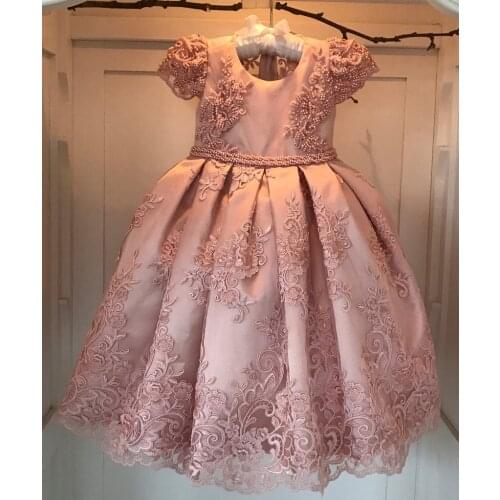 New Arrival Luxurious Pearls Beaded Pink Little Girls Long Pageant Dresses Prom Ball Gown Wedding Dress