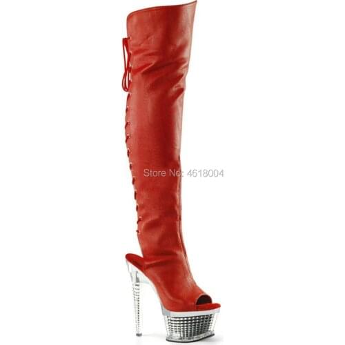 KALMALL Women Red Black White Pole Dance Boots Crystal Platform High Heels Peep Toe Knee High Boots Sexy Cross Tied Fetish Boots