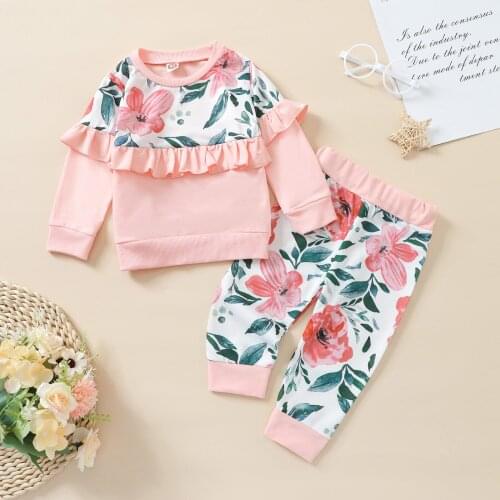 2pcs Little Girls Spring Sweet Clothes Set, Floral Printing Lace Splicing Long Sleeve O-neck Tops + Elastic Waist Trousers