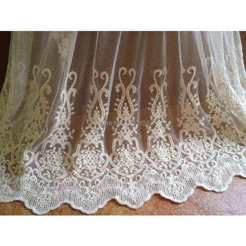 Lace Fabric - Ivory Cotton Embroidered Fabric Lace Vintage Wedding Bridal Mesh Fabric By The Yard