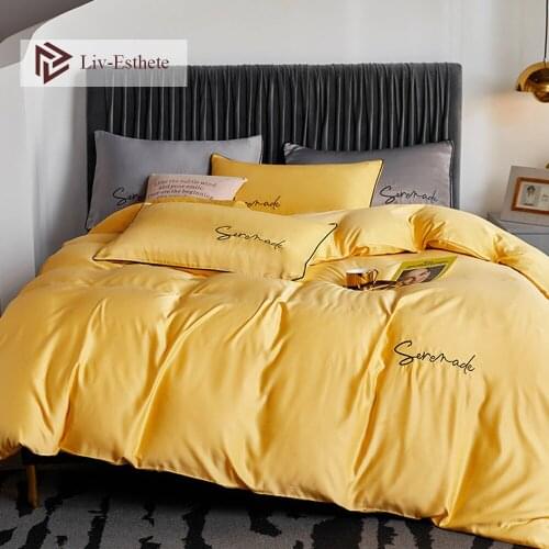 Liv-Esthete Luxury 100% Silk Beauty Yellow Bedding Set Silky Embroidery Queen King Duvet Cover Flat Sheet Pillowcase For Gift