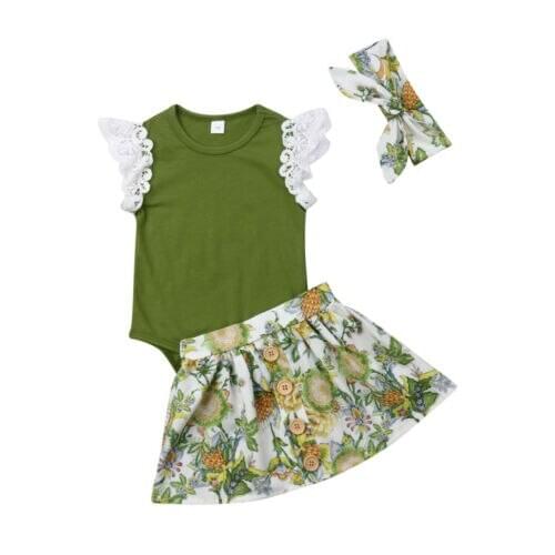 Baby Clothes Newborn Baby Girl Lace Ruffles Sleeve Tops Romper+Floral Tutu Skirts+Headband 3pcs Outfits Set Clothes US