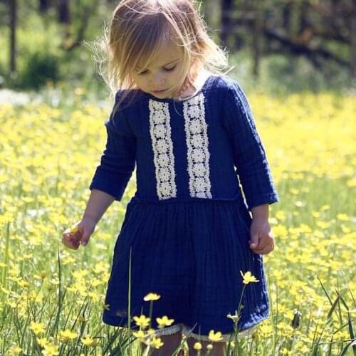 Infant Baby Girls Solid Long Sleeve Party Pageant Prom Dress Autumn Picnic Outdoor Linen Floral Lace Baby Girls Dress Vestido