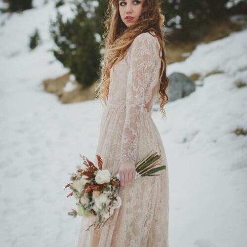 Boho Beach Backless Wedding Dress Floral Lace Long Sleeves Photography A Line Bridal Gowns Custom Made Plus Size Robe De Mariee