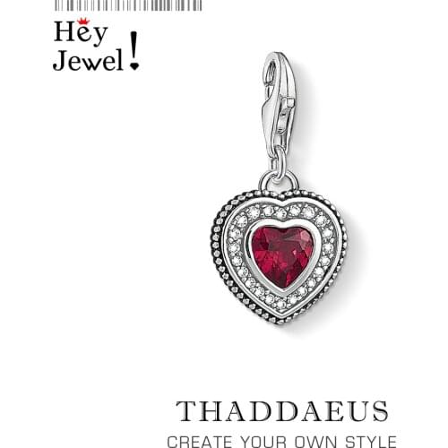Heart with Red Stone Charm Vintage Sterling Silver 925 Fashion Jewelry Fit Bracelet Chain Jewelry Women Eternal Love Gift