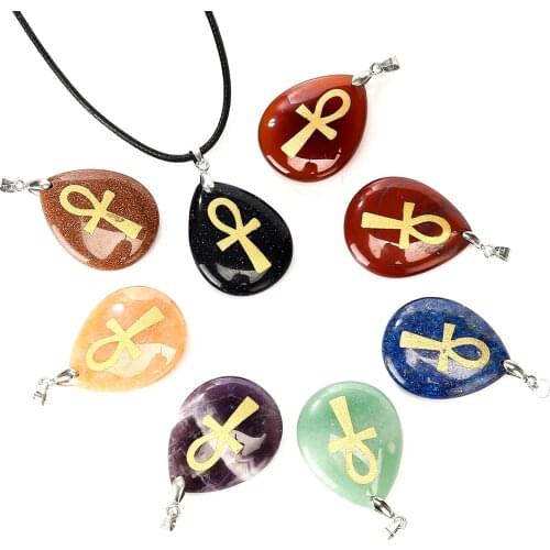 Symbol of Life Ankh Cross Pattern Natural Crystal Reiki Water Drop Shape Pendant Religious Rune necklace