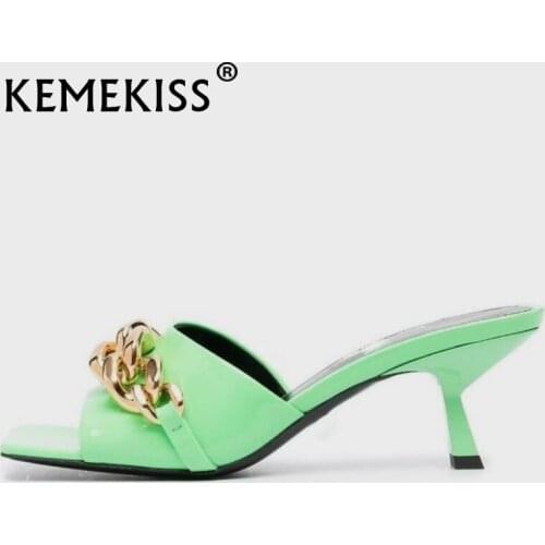 KemeKiss Size 33-43 New Fashion Women Real Leather Slippers Slip On Thin High Heels Metal Chains Slides Ladies Footwear 2021