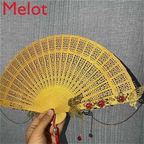 High-End Chinese Style Handmade Made Gold Foil Fan Peripheral Antique Retro Fan Folding Fan Prop Ornaments