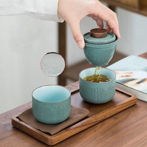 Green Ceramic Teapot Travel Tea Set Portable Bag A Pot A Cup Ceramic Quick-off Cup Outdoor