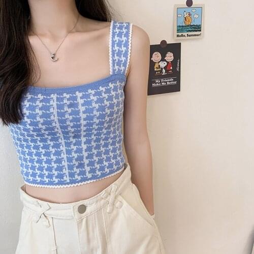 Women Knit Tank Tops 2021 Sexy Adults Summer Sleeveless Printed Square Collar Crop Tops Vest (Green, Black, White, Blue)