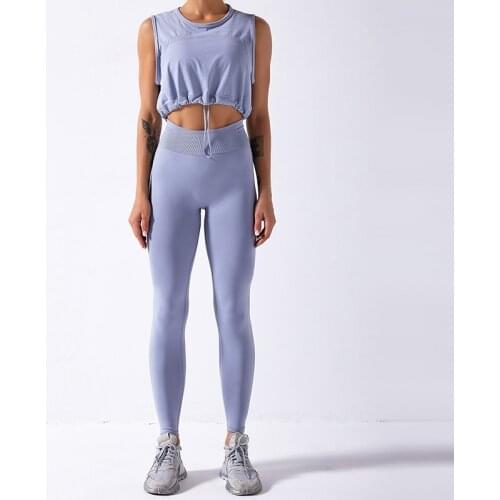 SVOKOR Seamless Yoga Sets Women Gym Clothes Pure Color Sleeveless High Waist Breathable Sportswear Drawstring Top