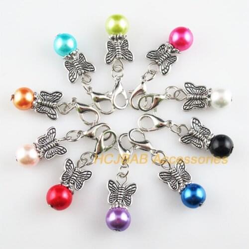 10 New Butterfly 10x20mm Charms Mixed Ball Glass Tibetan Silver Plated Retro With Lobster Claw Clasps