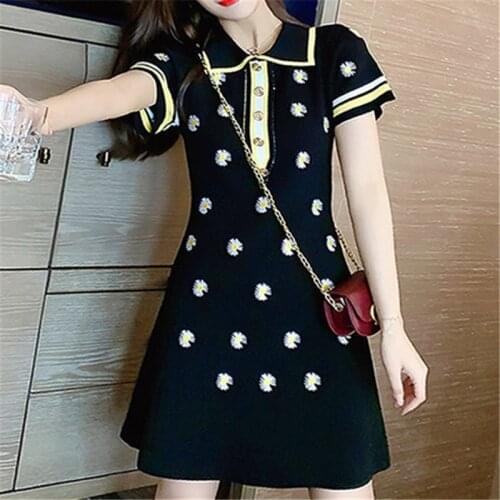 2021 Summer Elegant Dress Women Daisy Sunflower Embroidery Striped Polos Neck Floral Knitted Dress ladies Vestidos De Fiesta
