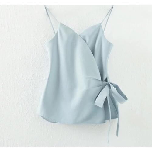 2021 European Fashion Solid Sleeveless T Shirt Women Sexy Spaghetti Strap T Shirts Lace Up Bow T-Shirt Newest Short Tops 64692