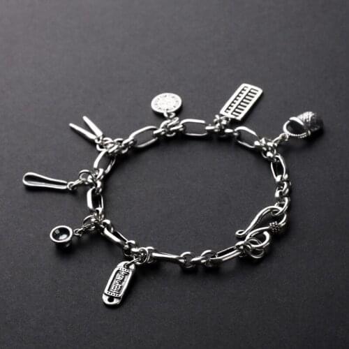 100%S925 sterling silver handmade chain seven-piece abacus chopsticks spoon gossip pendant bracelet