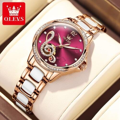OLEVS New Ladies Mechanical Watch Women Ceramic Steel Bracelet Top Luxury Diamond Waterproof Automatic Watch Fashion Clock 6656