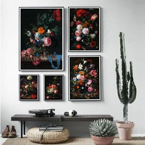 Dutch Flower Still Life Painting Dark Floral Classic Fine Art Posters and Prints Gallery Wall Art Canvas Pictures Home Decor