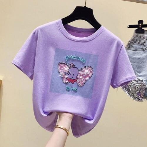 Cotton Short-sleeved T-shirt Womens Top 2021 New Heavy Industry Beaded Sequins Dumbo Korean Version Loose Top