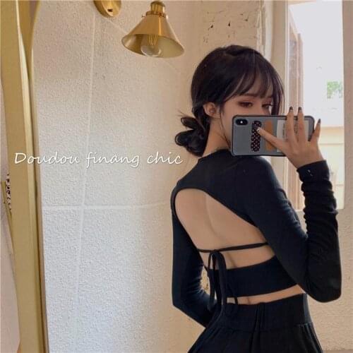 Personalized Korean Open Back Bandage Slim Long Sleeve Crop Top Shirt Women Tshirt T-shirt Spring And Summer Slim Design Sense