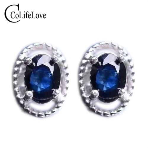 Classic Silver Sapphire Stud Earrings 4*6mm 1ct Natural Dark Blue Sapphire Gemstone Earrings Solid 925 Silver Sapphire Jewelry