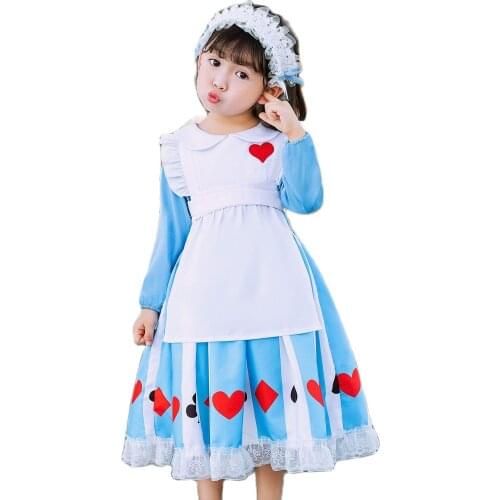 New Year Holiday Girls Lolita Costume Children Long Sleeve Two-piece Cosplay Alice Princess Maid Dress for Halloween Christmas