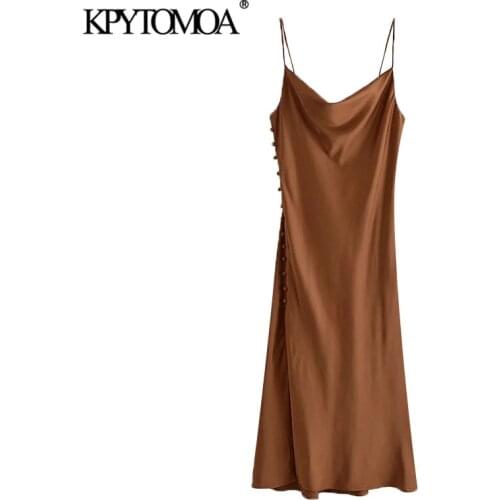 KPYTOMOA Women 2021 Chic Fashion Side Buttons Silt Cozy Midi Camisole Dress Vintage Backless Thin Straps Female Dresses Mujer