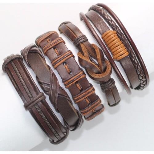 5pcs/set Handmade Fashion Trendy Vintage Female Femme Homme Male Punk Wood Bead Charm Men Leather Bracelet For Women Jewelry