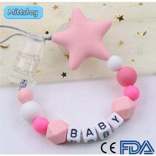 New Sale Personalized Name Handmade Pacifier Clips Holder Chains Silicone Pacifier Chains Five Star Teether Baby Teething Chains