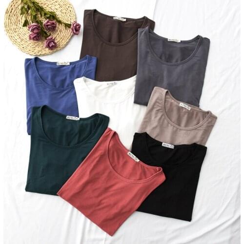 100% cotton long sleeve Solid O neck t-shirt women high stretch slim tops spring autumn skinny Basic Bottoming tshirt tight