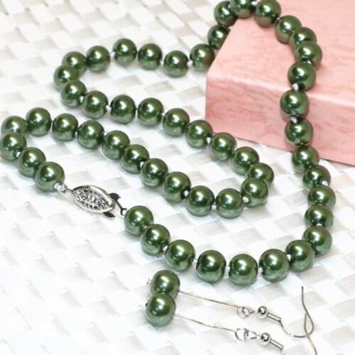 Original Design Top Quality Green 8mm Round Imitation Pearl Shell Beads Necklace Earrings Set Gifts Jewelry Set 18inch B2355