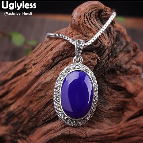 Uglyless Simulated Lapis Oval Pendants for Women Mysterious Marcasite Thai Silver Necklace NO Chain 925 Silver Fine Jewelry P858
