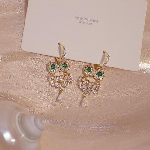 14k Real Gold Exquisite owl Zircon Earring for Women AAA Zircon Green Crystal Drop Earring Daily Pendant Birthday Gift Present