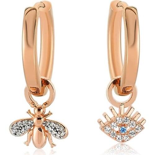 Valori Jewels Evil Eye And Bee, Zirconia White & Blue Gemstone, Rose Gold Plated, Sterling Silver Small Plain Hoop Charm Earri