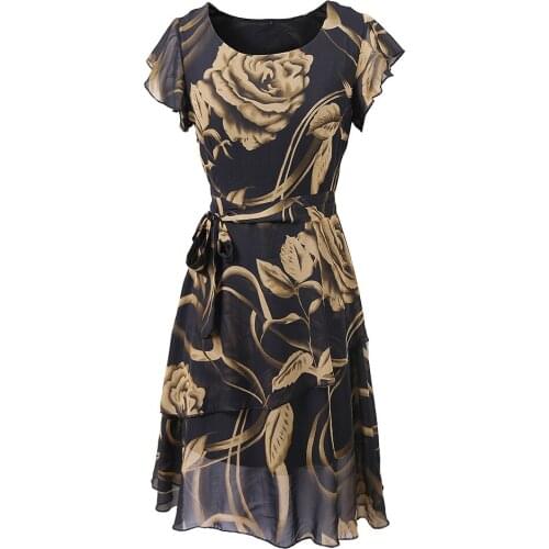 Chiffon Flower Print Dress Women Causal Ruffles Short Sleeve Dresses Bohemian O Neck A-Line Loose Dress