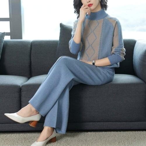 Blue Sweater Two Piece Set Fashion Warm Turtleneck Tops Pullover and Knitted Wide Leg Pant Suit 2021 Fall Casual Knitwear