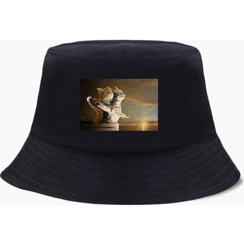Spoof Titanic Couple Cat Printed Aesthetics Funny Bucket Hat Panama Men Cap Women Bob Fishing Outdoor Sunscreen Fisherman Caps