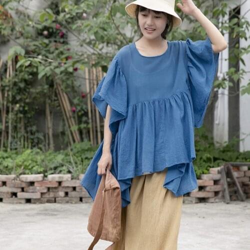 Causal Flare Tops and Blouse Women 2021 Japanese Soft Cotton Shirts Summer Butterfly Sleeve Loose Ladies Pullover Plus Size