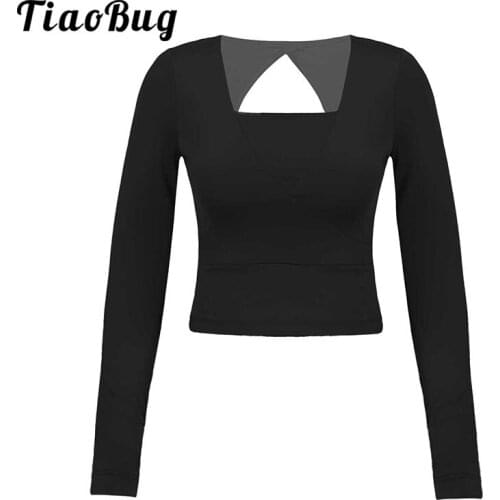 Women Solid Color Breathable V Neck Long Sleeve Cropped Gymnastics Ballet Tops Workout Running Yoga Sports Training Dancewear