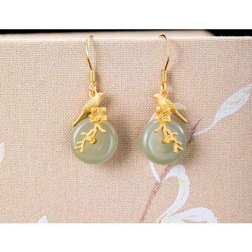 VLA 925 Silver Creative Design Womens Earrings Retro Magpie Hanging Earrings Natural Neprite Round Hollow Earrings 2021 Trend