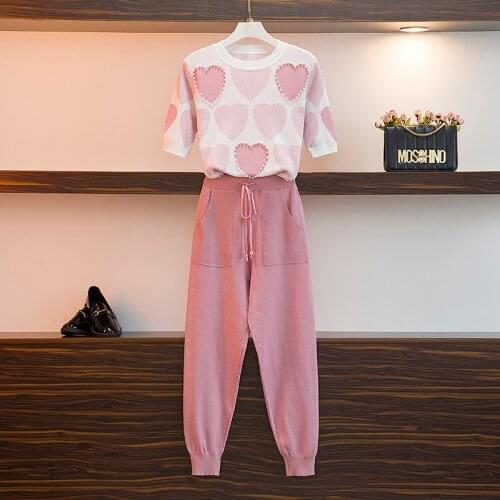 2021 New Spring Fall Sweet Love Print Beading Pullover Knitted Sweater Tops Double Pocket Trousers Two Piece Set Women Tracksuit