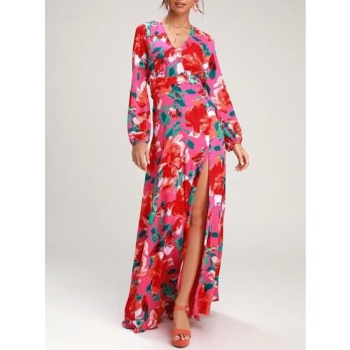 Bohemian Floral Printed Long Dresses for Women 2021 Vintage V-neck Long Sleeve Pleated Maxi Dress Spring Autumn Clothes
