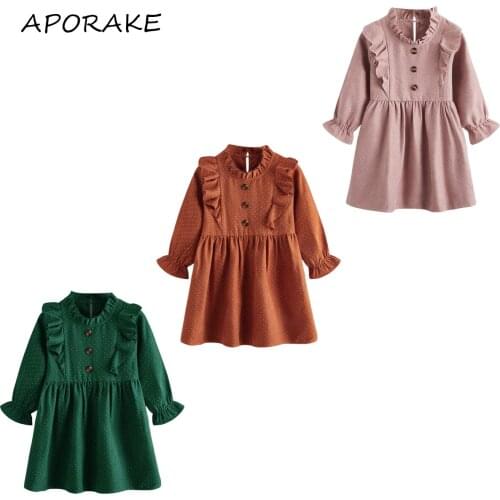 3-8Y A-Line Dress Toddler Sundress Princess Kids Baby Girls Dress Spring Fall New Dot Print Long Sleeve Ruffle Button Soft Sweet