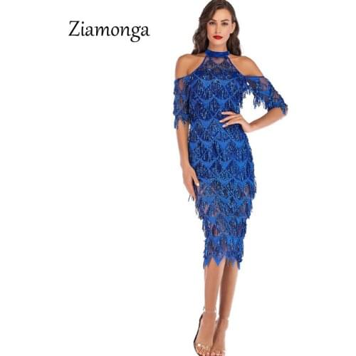 Ziamonga 2019 Summer Women Off Shoulder Short Sleeve bandage Dress Sexy Bodycon Tassel Evening Party Dresses Sequined Vestidos