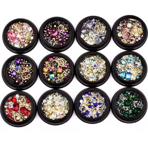 Gold Metal Nail Studs Rhinestone Jewelry Rivet Pearl Mixes Sizes Beads Frame Sequins Manicure 3D Nail Art Decoration 12pcs/set