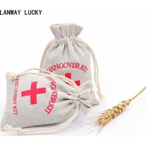 10pcs 4"x6" Handmade Hangover Kit Bags Cotton Muslin Drawstring Bag Bachelorette Party Wedding Favors Holder Jute Gift Bags