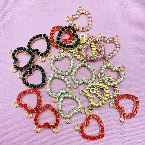 10Pcs Colorful Rhinestone Sweet Heart Charms Hollow 2 Holes Connectors Love Charm For Making Jewelry DIY Earrings Accessories