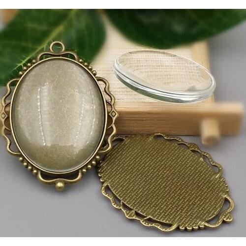 2 sets/lot 30X40mm Antique Bronze Alloy Pendant Cameo Oval base Setting Pendant +Clear Glass Cabochons DIY Jewelry Accessories