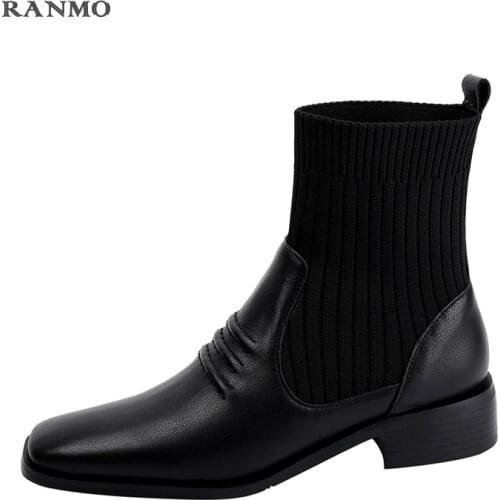 2021 Autumn Winter New Genuine Leather Knitting Chelsea Boots Women Square Heel Ladies Ankle Boots Fashion Ladies Shoes Boots