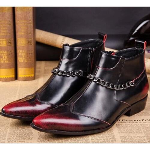 Botas Hombre Mens Winter Footwear Metal Chain High Top Leather Military Boots Black Pointed Toe Male Zapatos Italian Boots Mens