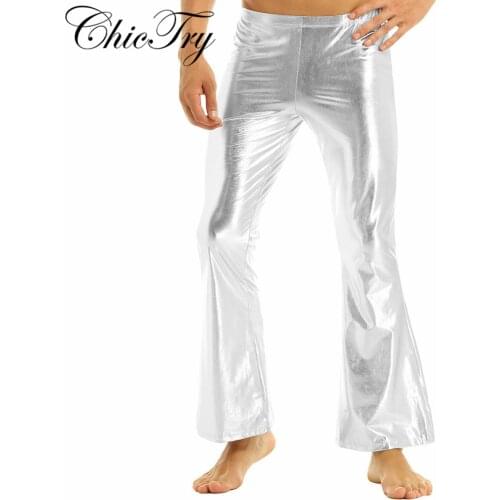 ChicTry Adults Mens Shiny Metallic Disco Pants with Bell Bottom Flared Long Pants Dude Costume Trousers for 70s Theme Parties